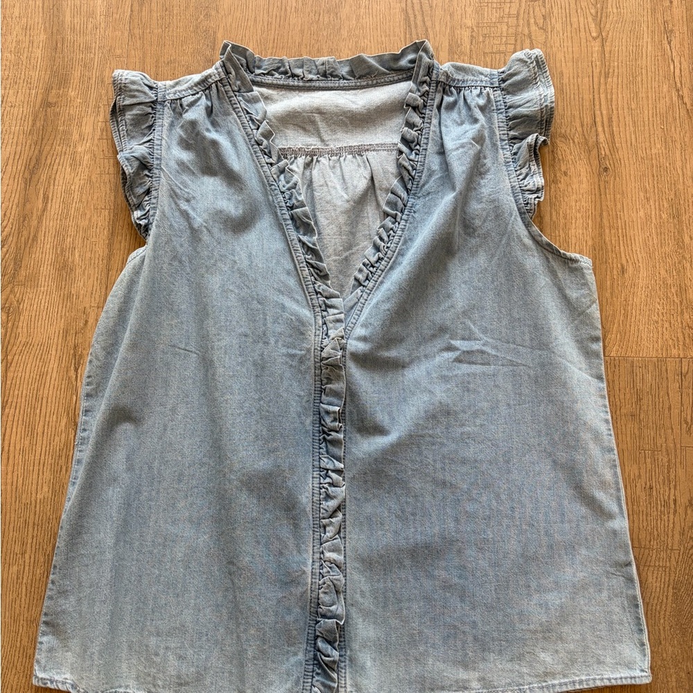 Blu Pepper Light Blue Ruffled V-Neck Denim Tank Top - Picture 2 of 3